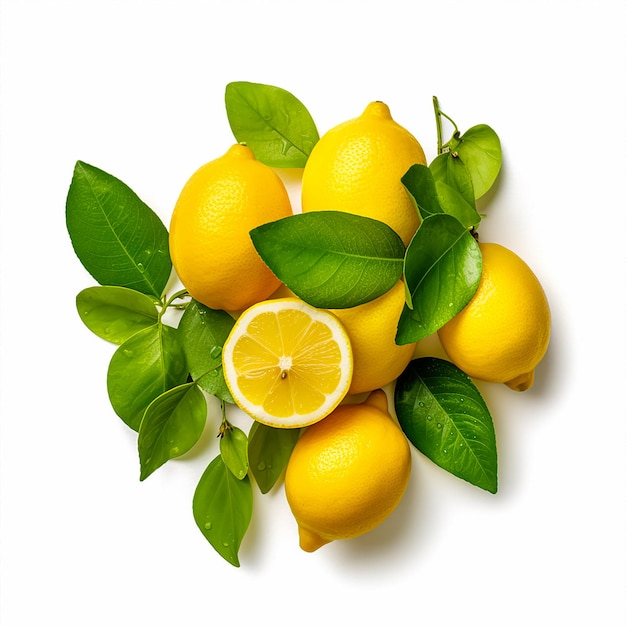 A bunch of lemons with green leaves and a lemon on the top.