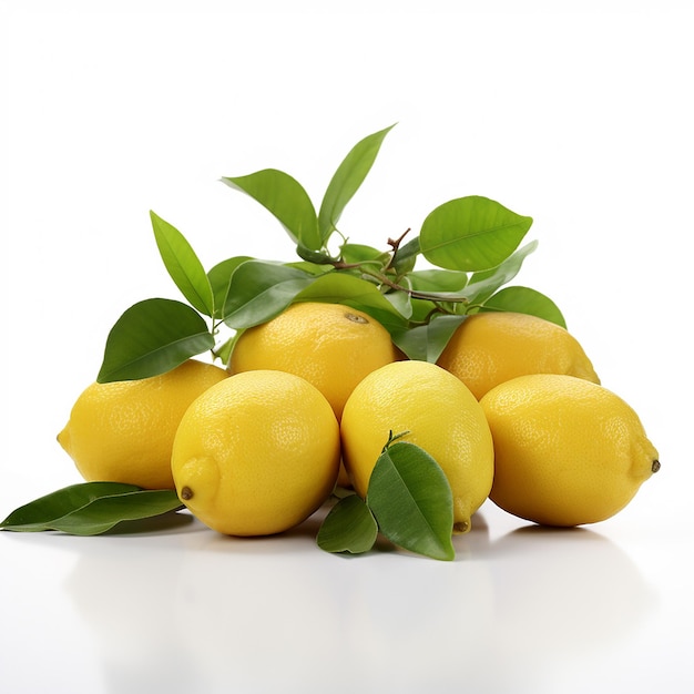 Photo a bunch of lemons with leaves and a white background