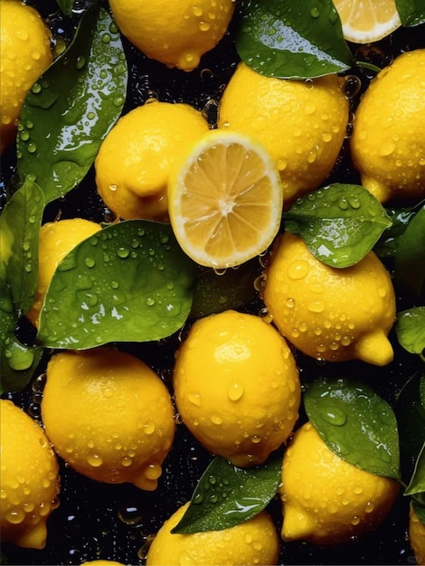 a bunch of lemons with water drops