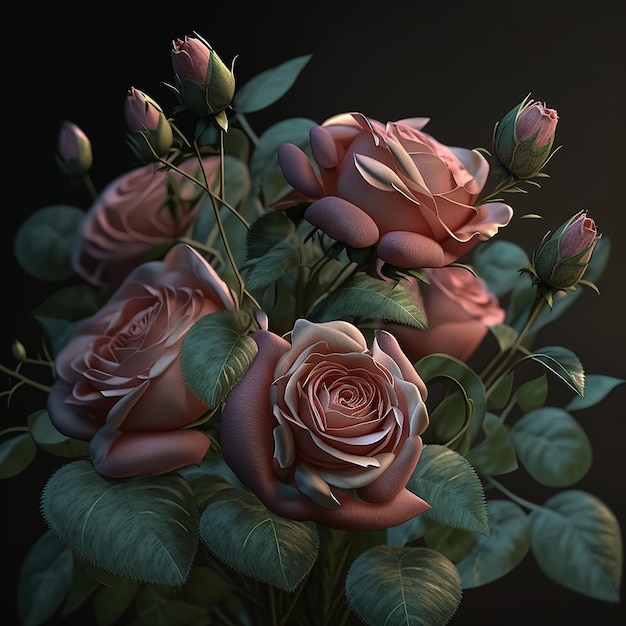 Bunch of light pink roses flowers Generative AI