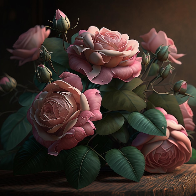 Bunch of light pink roses flowers Generative AI