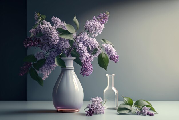 Bunch lilac in vase on table in white minimal room