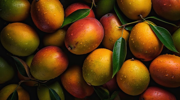 A bunch of mangoes are stacked on top of each other.