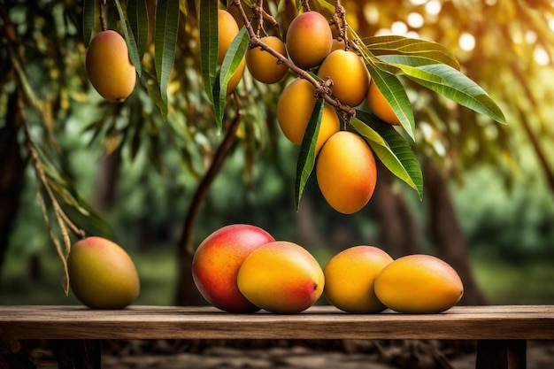 a bunch of mangoes are on a wooden table