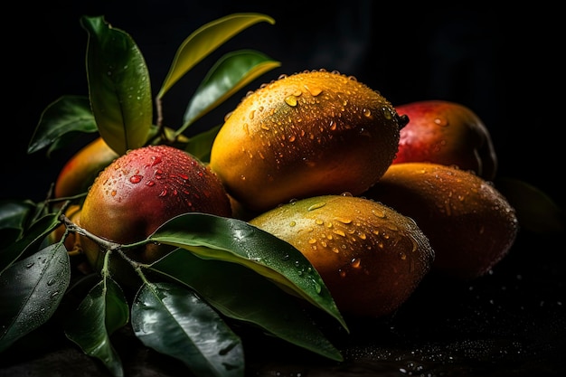 A bunch of mangoes with water droplets on them