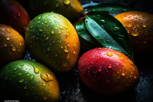 A bunch of mangoes with water droplets on them