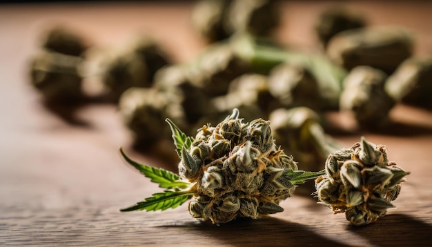 A bunch of marijuana buds on a wooden table