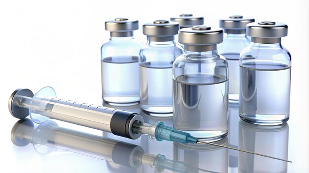 a bunch of medical bottles with a syringe in the middle