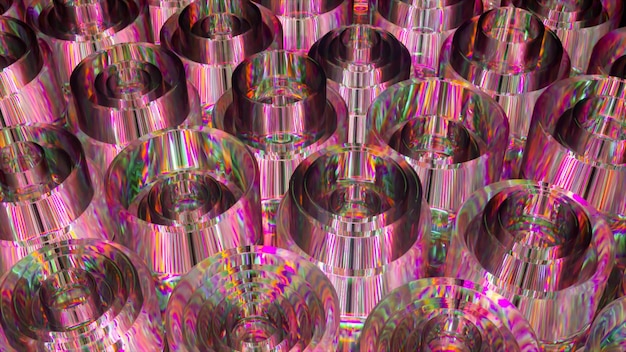 A bunch of metal parts with a pink and purple background.