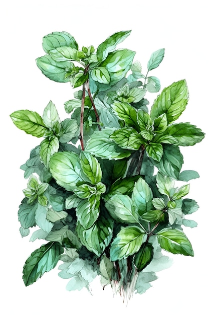 Bunch of mint watercolor white background ai