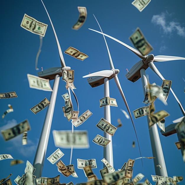 Photo a bunch of money flying in the air with a wind turbine in the background