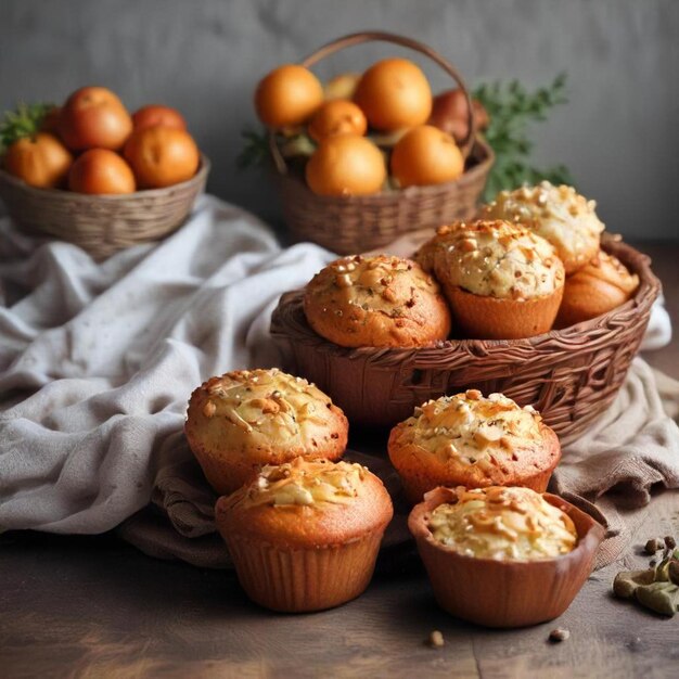 a bunch of muffins are on a table with a basket of flowers