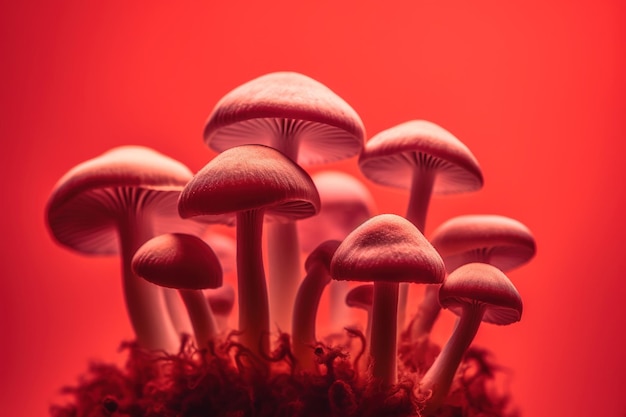 A bunch of mushrooms are in a red background