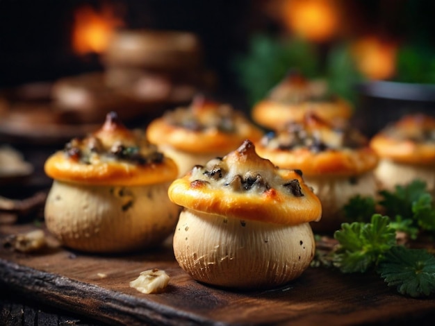 a bunch of mushrooms are on a wooden board with a fire behind them