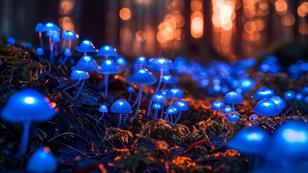 Photo a bunch of mushrooms with lights on them and a blue light in the background