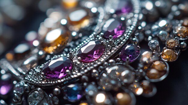 a bunch of necklaces with purple and purple diamonds and silver beads