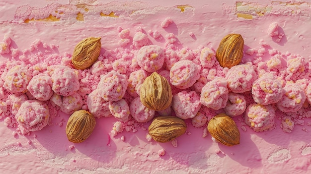 A bunch of nuts on a pink surface with one nut in the middle of the nuts editorial