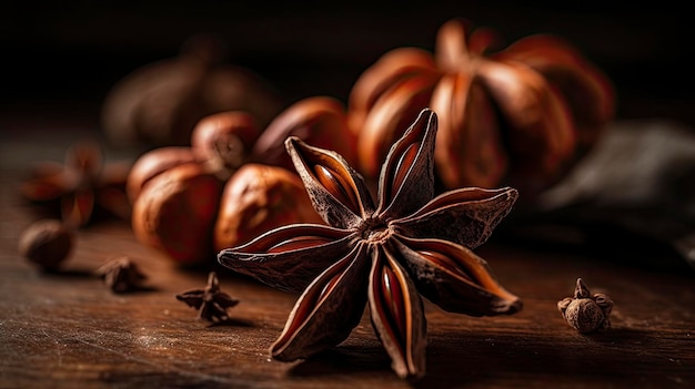 A bunch of nuts on a wooden table