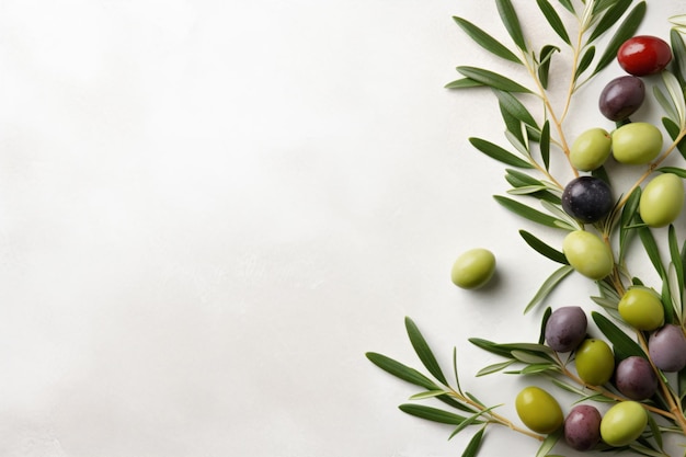 a bunch of olives on a branch with leaves