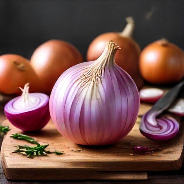 a bunch of onions with a knife and a knife on a cutting board