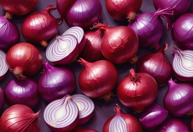 Photo a bunch of onions with a purple background with a yellow line