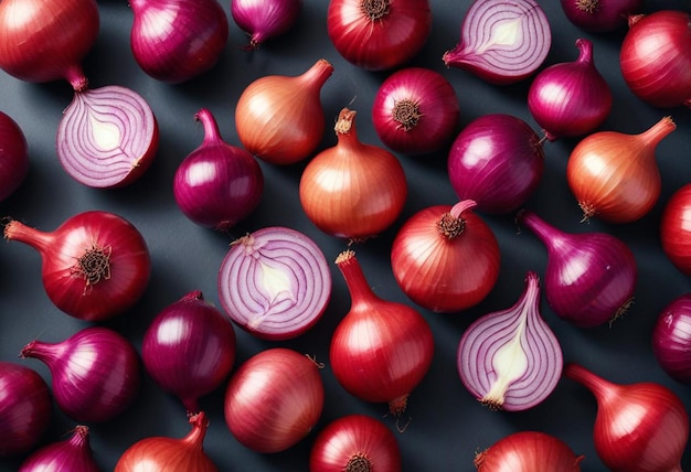 Photo a bunch of onions with a purple and green onion on the top