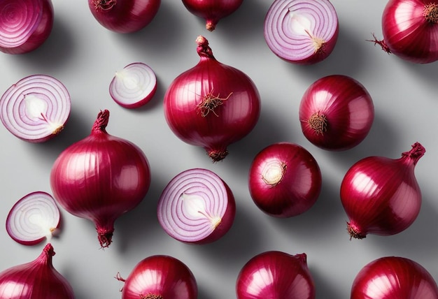 Photo a bunch of onions with a white background with a purple onion on the top