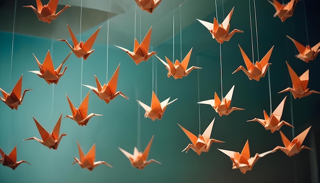 Photo a bunch of orange birds are hanging from a ceiling