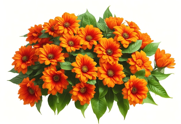 A bunch of orange flowers with green leaves on a white background