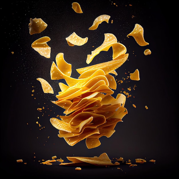 A bunch of orange peel in the air with chips