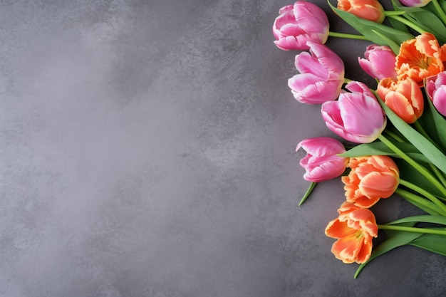 Photo a bunch of orange and pink tulips on a gray background