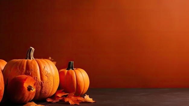 A Bunch of orange pumpkins on spooky background for Halloween banner