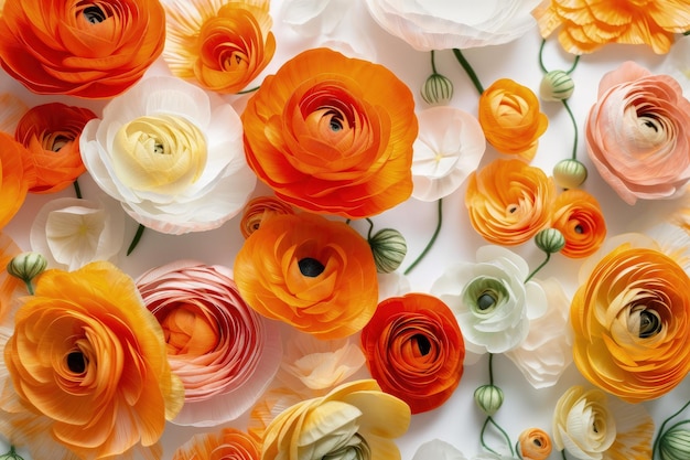 A bunch of orange and white flowers on a white surface generative AI