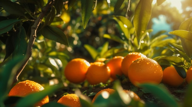 a bunch of oranges are on a tree with the sun shining through the leaves.