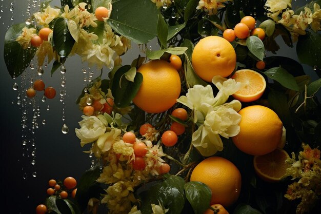 a bunch of oranges and flowers are on display