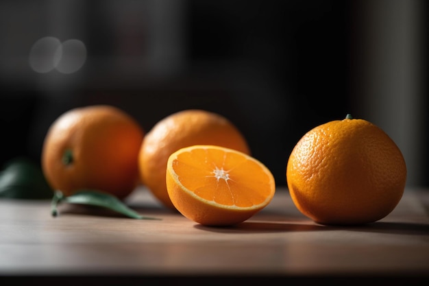 Bunch of oranges on a table in a dark background