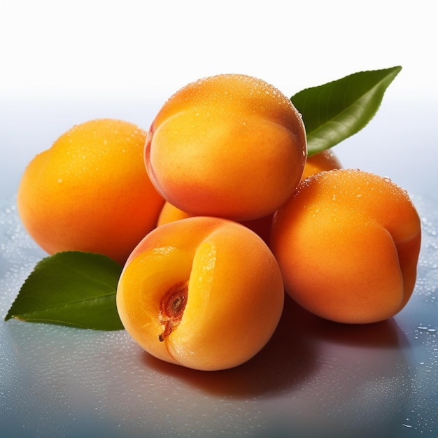 A bunch of oranges with green leaves on a table.