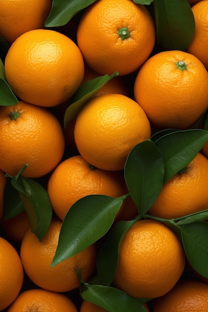 A bunch of oranges with green leaves on them