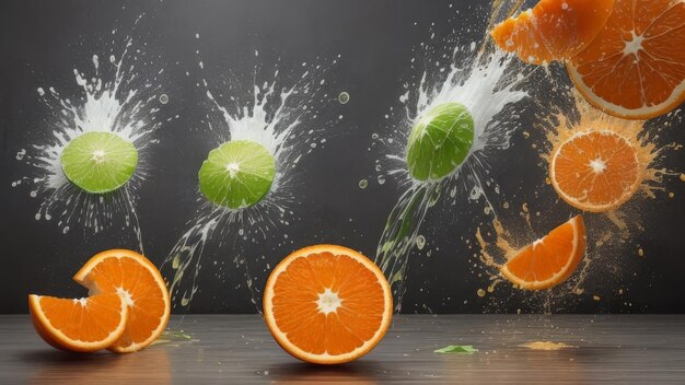 Photo a bunch of oranges with green limes on the table