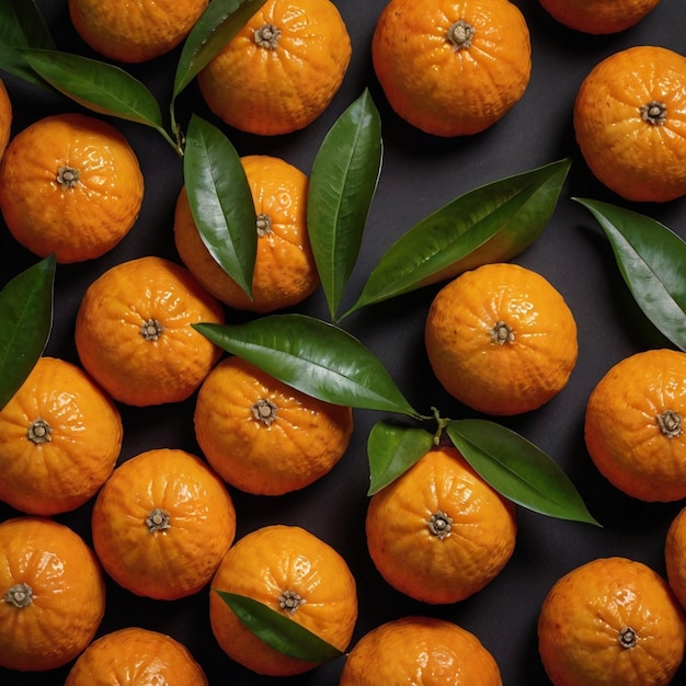 a bunch of oranges with leaves on them