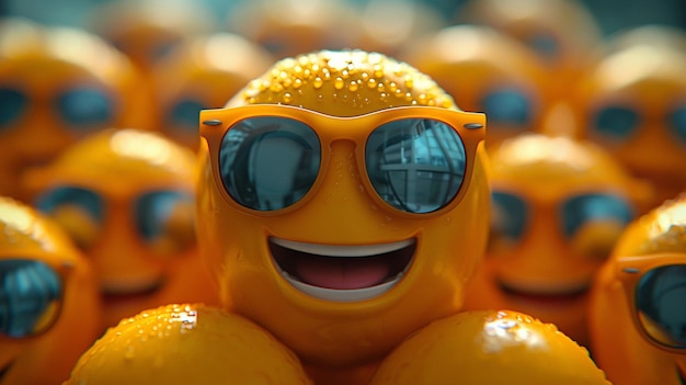 a bunch of oranges with a smile that says sun glasses