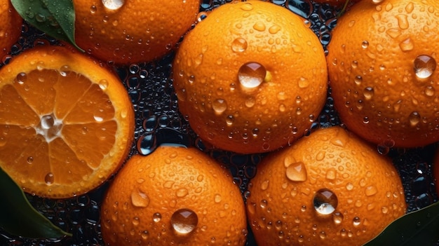 A bunch of oranges with water droplets on them