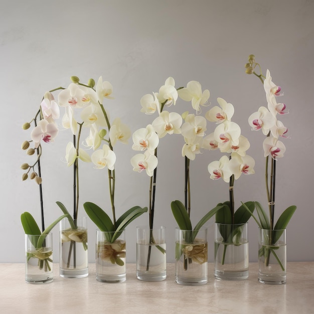 A bunch of orchids are in small glass vases with small vases.