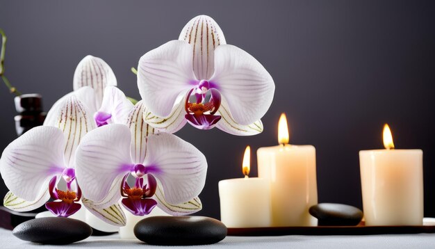 A bunch of orchids and candles on a table