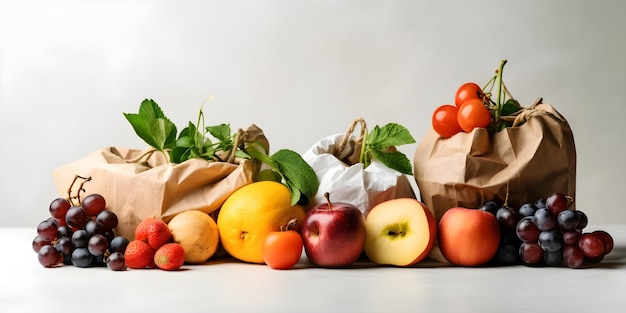 A bunch of paper bags with fruits and vegetables on them