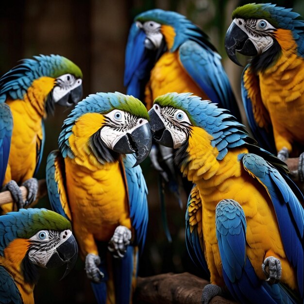 Photo a bunch of parrots are sitting on a branch and one has blue and yellow feathers