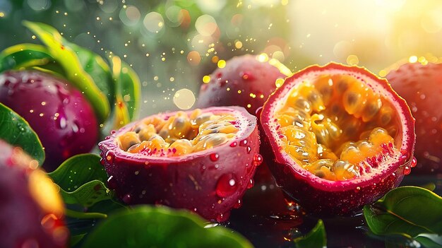 Photo a bunch of passion fruit with green leaves and leaves