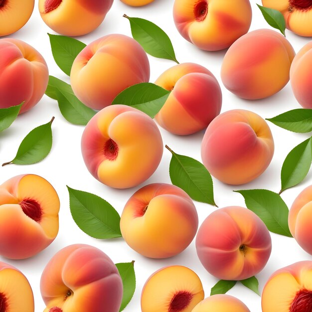 a bunch of peaches with green leaves and a green leaf