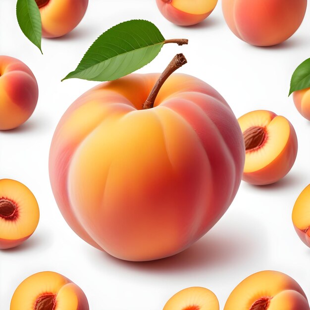 a bunch of peaches with green leaves on a white background