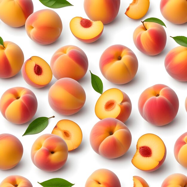 a bunch of peaches with leaves and a picture of a peach